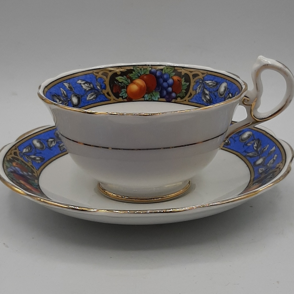 Vintage Royal Albert Crown China Tea Cup & Saucer Fruit Decor and Blue Trim